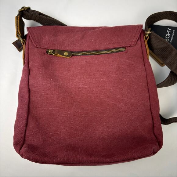 NWT VASCHY Small Messenger BagVintage Canvas Leather Crossbody Burgundy - Picture 4 of 9